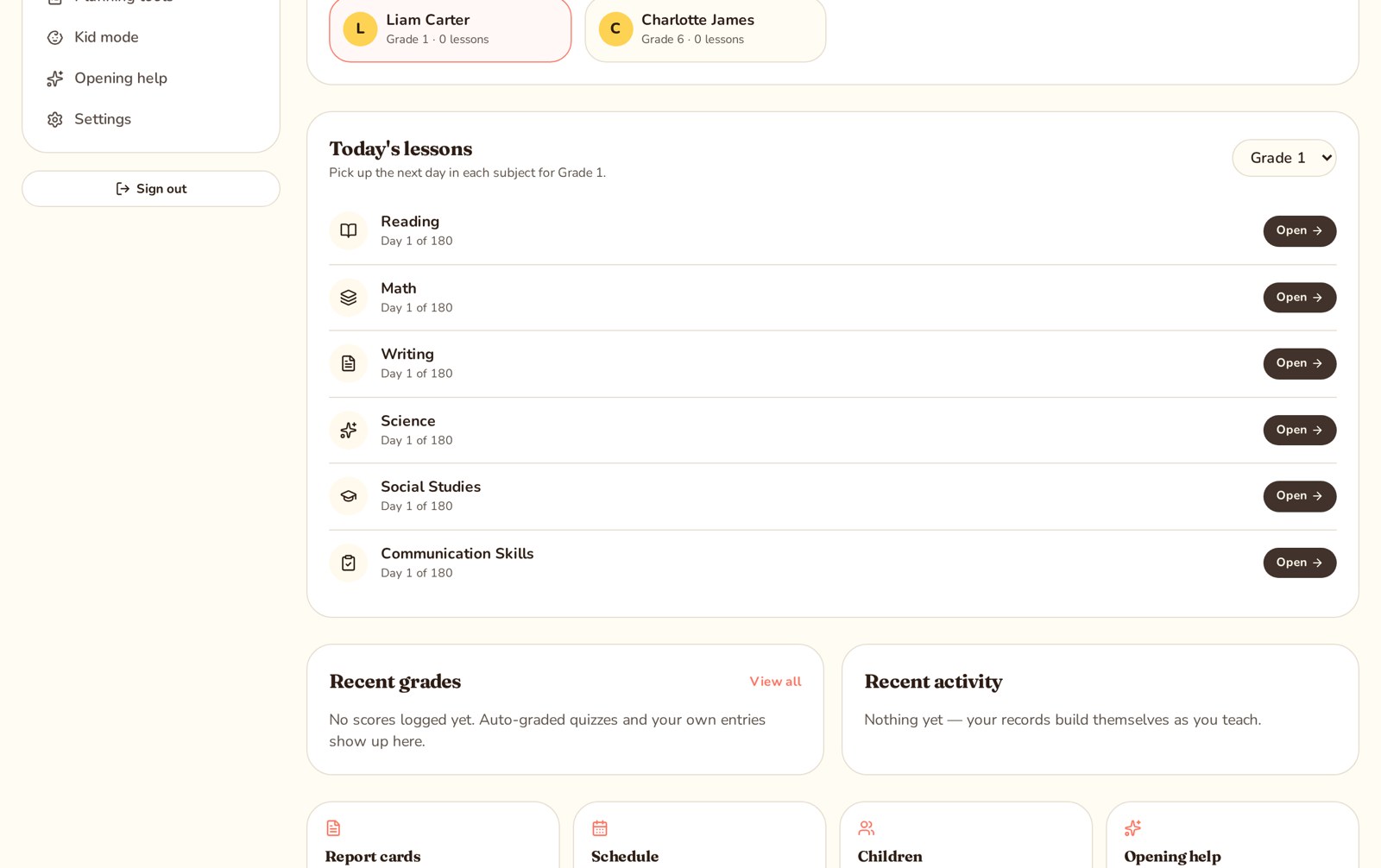 The real parent dashboard showing today's lessons for each subject with Open buttons